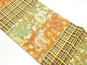 草花虫籠文様織出し袋帯